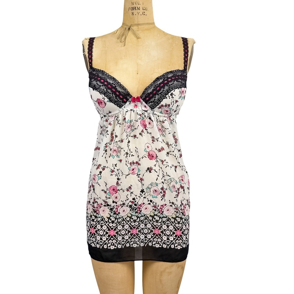 Y2K Coquette Sheer Floral Babydoll Slip Dress Soft Lace Trim Dainty Romantic M